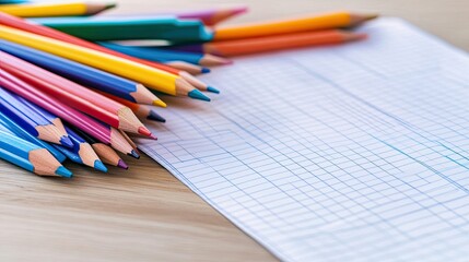 Obraz premium Colorful pencils are arranged in a row beside a sheet filled with grid-like geometric patterns during bright daylight.