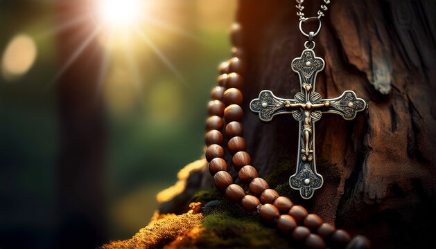 Extreme close-up of a small silver crucifix and a rosary with wooden beads, above a tree trunk section with copy space. Concept of prayer and Christian religion. Generative Ai.