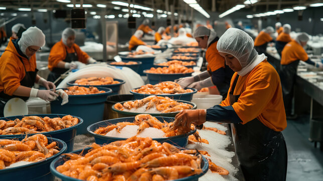 Workers processing and sorting shrimp in a seafood processing facility, wearing protective clothing and gloves, surrounded by large containers of shrimp.