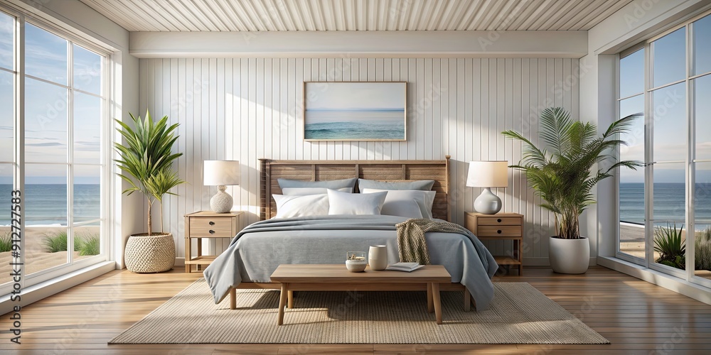 Poster Simple cozy Coastal bedroom interior background with a home mockup, render, coastal, bedroom, interior, home, mockup, simple