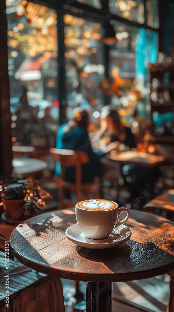 Poster Stylish Autumn Cafe Scene with Frothy Cappuccino Amidst Seasonal Decor  