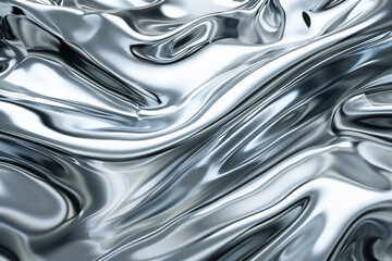Chrome liquid silver background. Abstract metal texture with 3d waves. Silver color chrome morphism pattern, steel reflection design, aluminum shiny illustration
