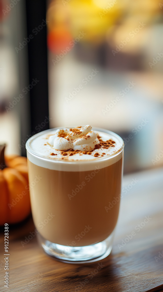 Sticker Cozy Pumpkin Spice Latte on Rustic Table in Autumn Setting  