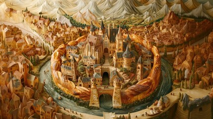Obraz premium Fortified medieval city with a central castle and stone walls surrounded by a winding river at the foot of mountains.