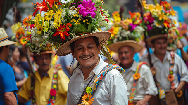 An elder man Silleteros parade at the Flower Fair.
