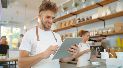 Happy diverse male and female baristas wearing aprons and using tablet in cafe