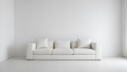 A white sofa in a minimalist white room with a plain white wall