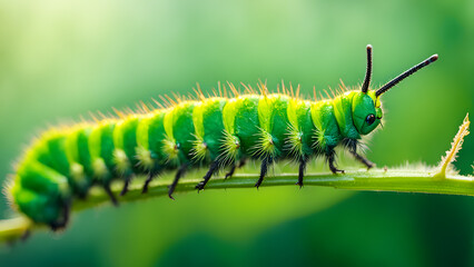 A green and yellow caterpillar is on a leaf