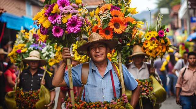 An elder man Silleteros parade at the Flower Fair.