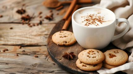 Fototapeta premium Pumpkin spice latte and maple cookies on rustic wooden table