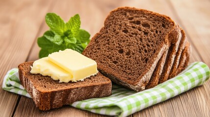 Slices of crusty bread topped with rich butter are displayed alongside fresh herbs on a checkered cloth in a well-lit setting.