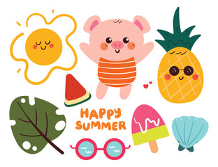 hand drawing cartoon summer sticker set. cute sticker for summer season, doodle set