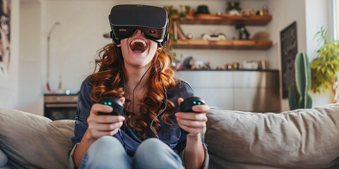 A woman wearing VR headset is smiling and laughing while playing a video game.. caucasian woman