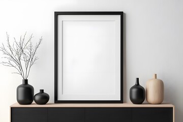Frame Mockup with Vase and Wooden Sideboard in a Contemporary Room - Template For Artwork, Painting, Photo Or Poster