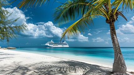 A cruise ship docked by a tranquil tropical beach