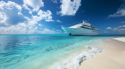 Fototapeta premium White cruise ship anchored by a crystal clear beach