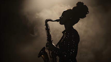 Obraz premium woman while Looking up, silhouette costume style of American folk, playing solo Musical instrument likes a saxophone , on a tone of dark background, on a stage