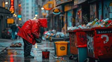 Fototapeta premium Urban Street Scene with Homeless Person and Overflowing Trash Bins in Rainy City Alley. Generative ai