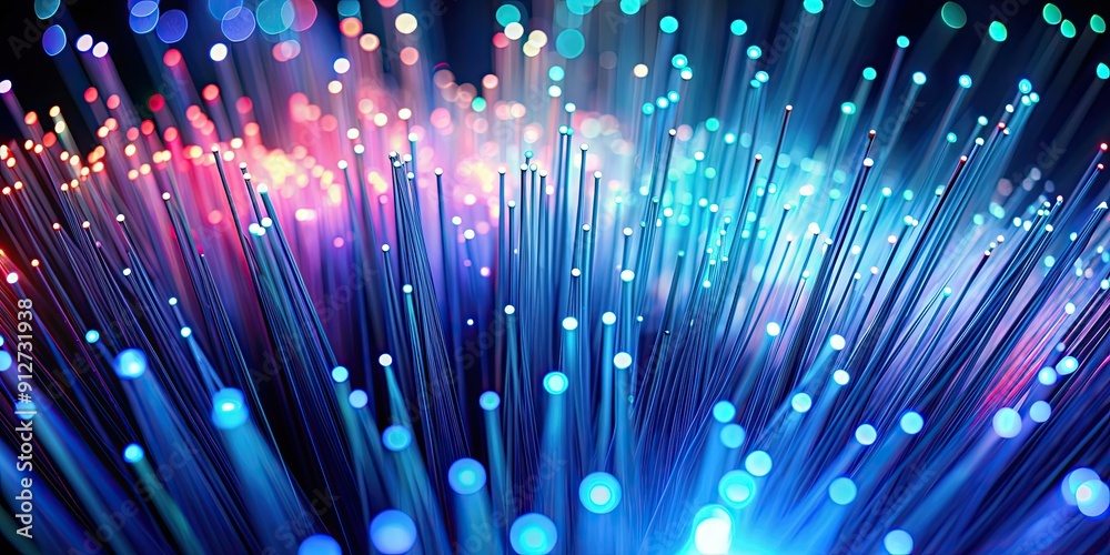 Poster Fiber optics background with bright light spots, fiber optics, technology, communication, data, network