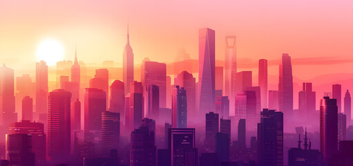 Fototapeta premium Abstract city illustration at sunset