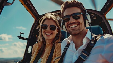 Happy couple wearing headsets in helicopter cockpit