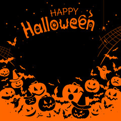 Halloween banner with black pumpkins and bats on the orange background, Illustration with place for text.
