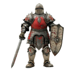 Fototapeta premium A battle-ready knight in armor, holding a shield and sword, showcasing the essence of medieval warfare and valor.