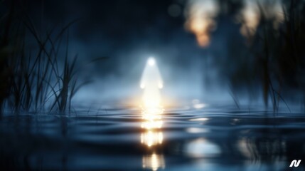 An ethereal figure with glowing eyes, hovering above the roof of the abandoned cabin in the haunted forest