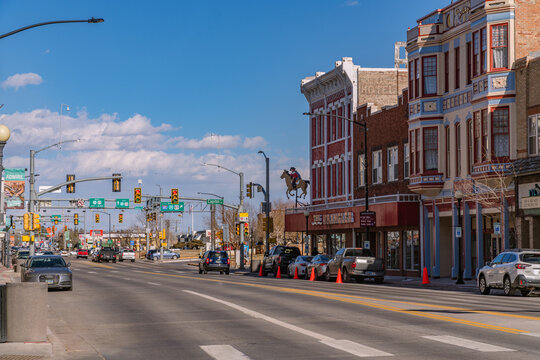 Cheyenne, WY, US-March 1, 2024: Historic downtown district of the state capital city with brick buildings dating to the 1800s.