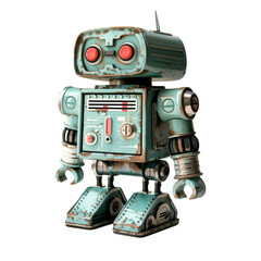 A charming vintage robot with red eyes, intricate details, and a playful design, perfect for technology and nostalgia themes.