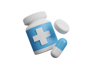 Obraz premium 3D pills, supplements, capsules and other drugs and medications in bottles isolated on transparent background. Pharmacy concept. Medical equipment, Healthcare template. 3d rendering illustration