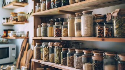 A cozy and well-organized pantry features jars of various grains and spices, hinting at a culinary enthusiast's delight.