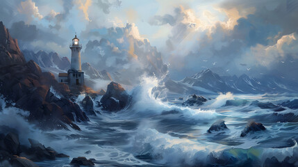 Rugged coastline with crashing waves and lighthouse 