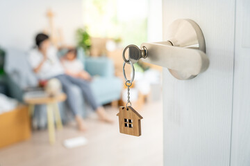 Moving house, relocation. Family smile and happy after buy new apartment, inside the room was a...