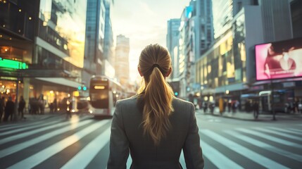 Businesswoman at a crossroads in a busy cityscape, each path representing a different market opportunity, symbolizing a strategic dilemma