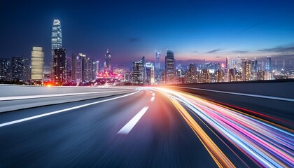 Fototapeta premium Sleek highway with city skyline in the background illuminated in the style of dynamic light trails and motion blur Generative AI illustration