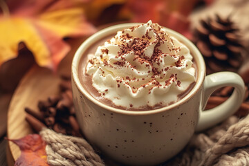 Cozy Hot Chocolate with Whipped Cream and Fall Decor  