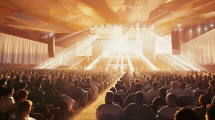 A vibrant concert hall filled with a large audience illuminated by bright stage lights, capturing the excitement and energy of a live performance.