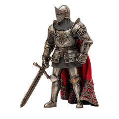 A detailed knight figurine adorned in ornate armor, wielding a sword, showcasing craftsmanship and medieval design.