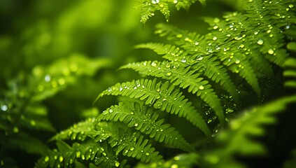 A macro shot of dew-laden fern fronds with rich green hues, offering a fresh and natural background.