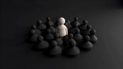 Stylized 3D depicting a solitary pale entity commanding attention at the forefront of a unified black formation evoking themes of leadership and nonconformity through a minimalist