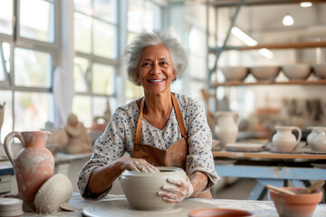 Senior black woman at pottery studio makes ceramic from clay. African american old retired at craft workshop lifestyle. Active elderly female hobby