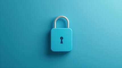 Fototapeta premium Blue padlock with a silver shackle on a blue background, featuring a keyhole shape in the center.