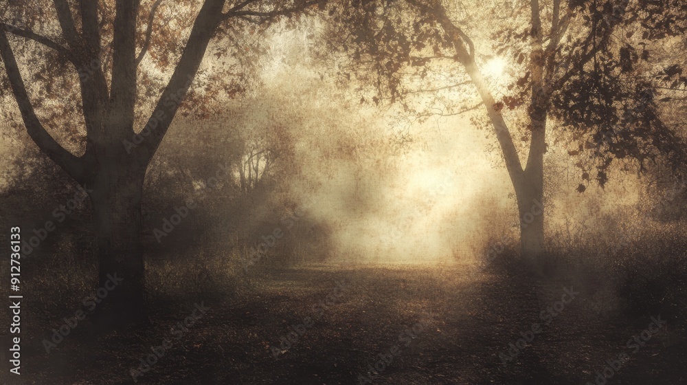 Poster Misty Forest Path at Sunrise - A path through a misty forest at sunrise, with sunlight filtering through the trees. The image symbolizes peace, tranquility, mystery, and the beauty of nature.