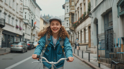 Naklejka premium A young female traveler riding through a European city on a bicycle, wearing a hat and smiling.