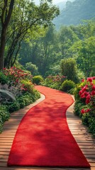 A Red Carpet Pathway Through a Lush Green Forest