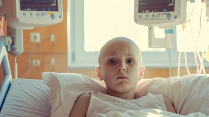 A young child in a hospital bed with medical equipment around, looking into the camera, evoking deep emotion and conveying resilience in adversity.