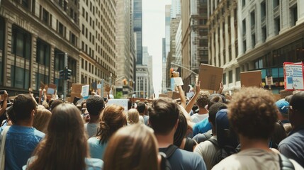 A bustling protest in a city street, with people holding signs high, standing together amidst the towering buildings, embodying unity and activism.