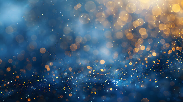 Sapphire dreams golden hour. Rich blue canvas with floating gold particles. Dreamy bokeh effect. Enchanted seasonal ambiance. 