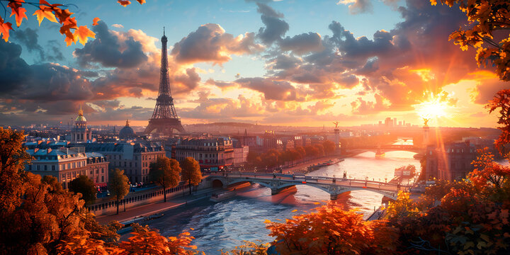 Imagen horizontal del rio Sena al atardecercon la torre Eiffel a la izquierda 